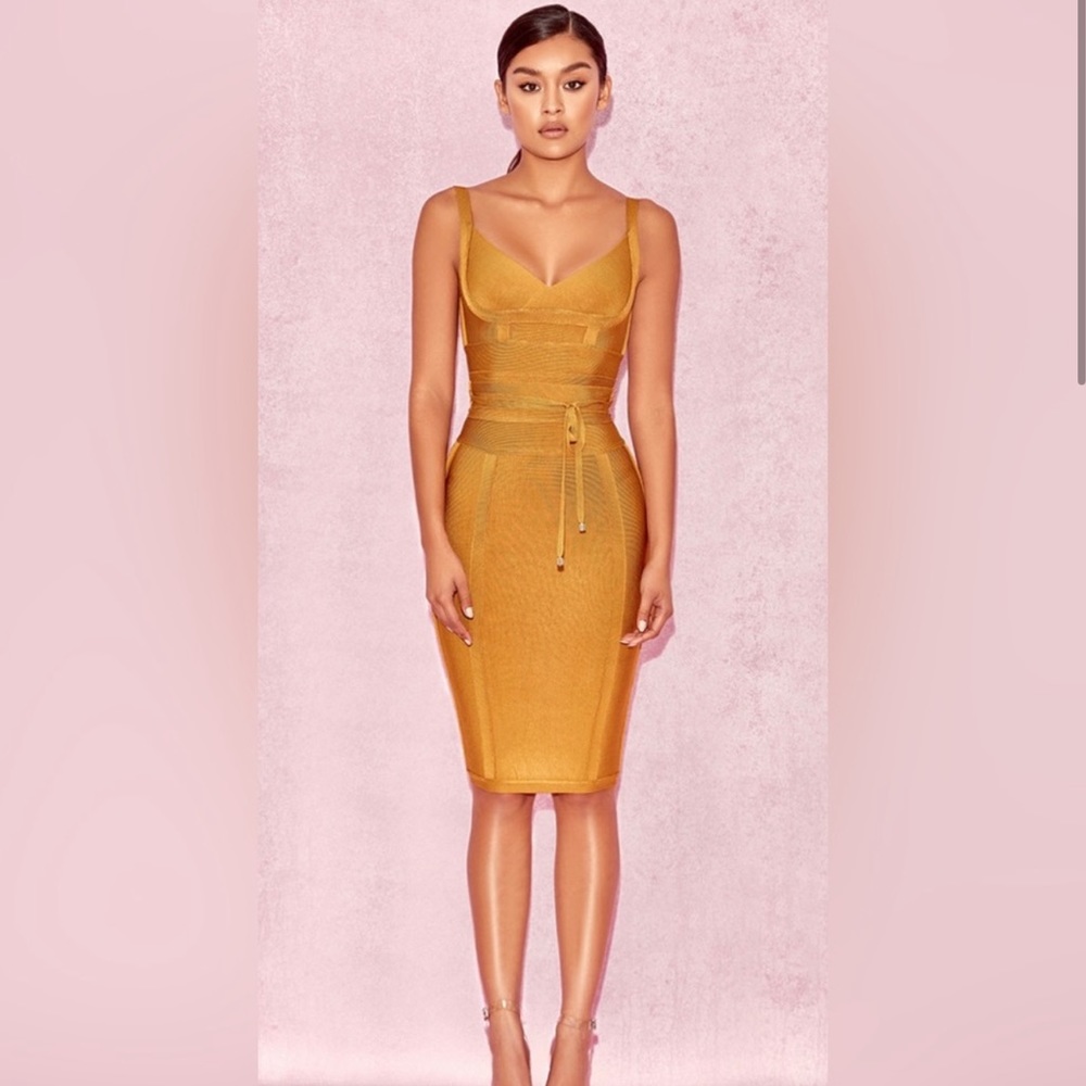 House of CB Belice Tie Waist Bandage Dress in Ginger, S